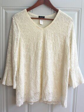Ashley Jill Ivory Lace V-Neck Bell Sleeve Tunic Top Blouse Plus Size 1X